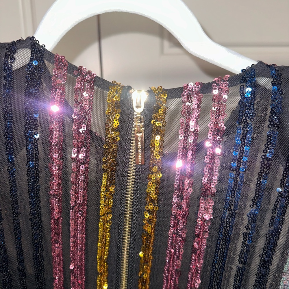 Bronx and Banco Multicolor Sequin Stripe Mini Dress with Feather Cuffs - Picture 4 of 5